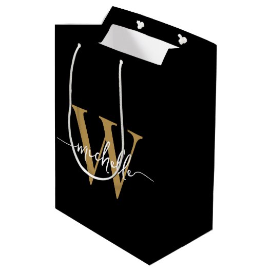 Sac Cadeau Moyen Monogramme d'or noir moderne Script élégant initia (Dos Angle)