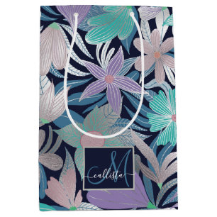 Sac Cadeau Moyen Monogramme Feuille argenté violet bleu