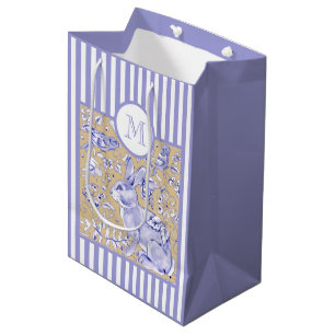 Sac Cadeau Moyen Monogramme floral de rayure d'oiseau bronzage