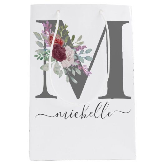 Sac Cadeau Moyen Monogramme Floral Initial Nom Moderne (Devant)