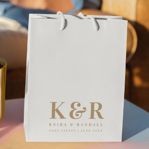 Sac Cadeau Moyen Monogramme mariage minimaliste Or simple et blanc