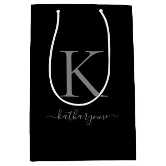 Sac Cadeau Moyen Monogramme minimaliste noir moderne en argent
