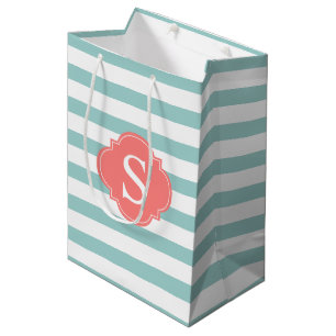 Sac Cadeau Moyen Monogramme Motif des rayures de menthe et de corai