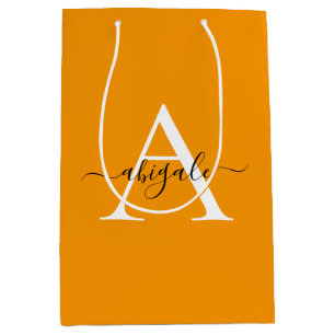 Sac Cadeau Moyen Monogramme Orange Clair Élégant Minimaliste