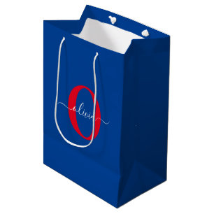 Sac Cadeau Moyen Monogramme personnalisé Nom du script Bleu Blanc R
