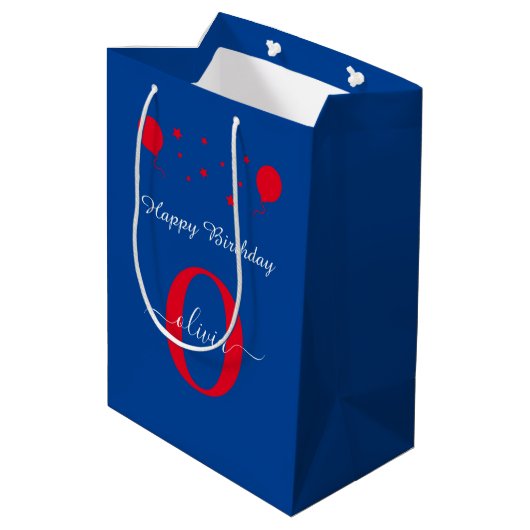 Sac Cadeau Moyen Monogramme Script Joyeux Anniversaire Bleu Blanc R (Dos Angle)