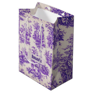 Sac Cadeau Moyen monogramme vintage fleuri violet toile de jouy