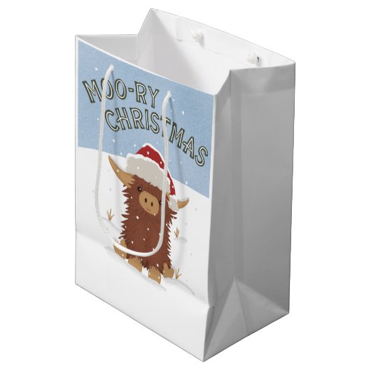 Sac Cadeau Moyen Moo-ry Noël mignon shaggy Vache des Highlands Père (Devant Angle)