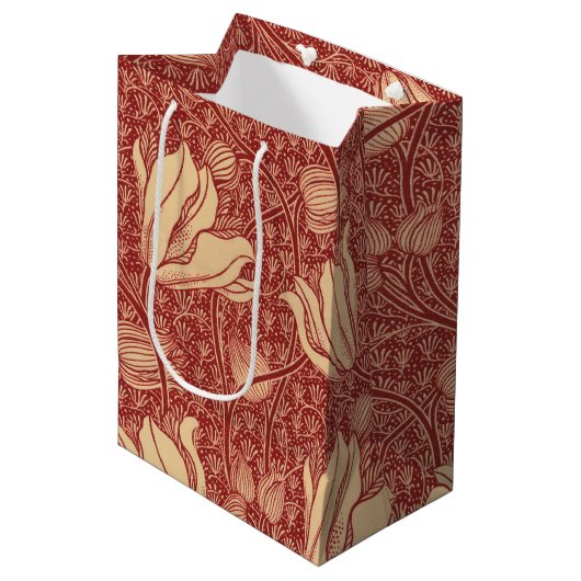 Sac Cadeau Moyen Morris Inspiré Lily Flower Botanique Rouge Textile (Devant Angle)