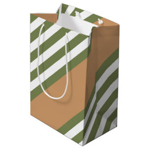 Sac Cadeau Moyen Motif à cinq bandes vert olive et blanc avec bronz