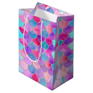 Sac Cadeau Moyen Motif à échelle de sirène rose, violet et aqua