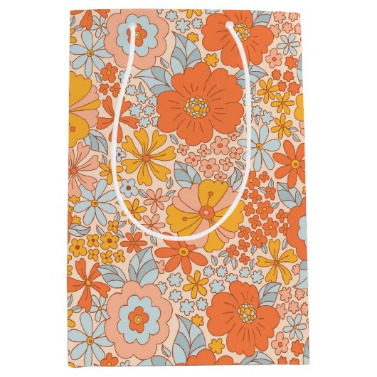 Sac Cadeau Moyen Motif à fleurs Orange Retro (Devant)