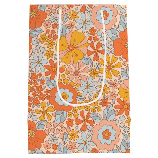 Sac Cadeau Moyen Motif à fleurs Orange Retro (Dos)