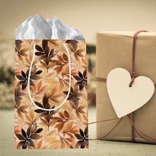Sac Cadeau Moyen Motif aquarelle de feuilles d'automne brunes et be