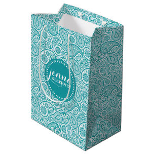 Sac Cadeau Moyen Motif bleu-vert et blanc Vintage Paisley