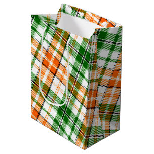 Sac Cadeau Moyen Motif carreaux tartan vert orange blanc