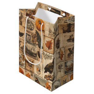 Sac Cadeau Moyen Motif Collage d'automne vintage   Ephémère rustiqu