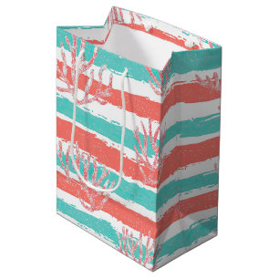 Sac Cadeau Moyen Motif d'aquarelle côtière à rayures de corail
