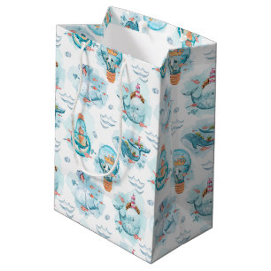 Sac Cadeau Moyen Motif d'aquarelle de la belle baleine nautique