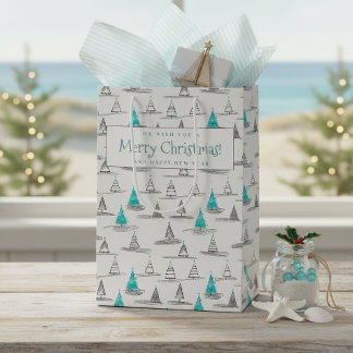 Sac Cadeau Moyen Motif d'arbre de Noël sarcelle#5 ID1009
