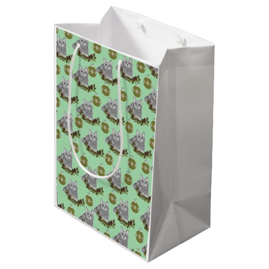 Sac Cadeau Moyen Motif de chat gris avec ornements verts (Dos Angle)