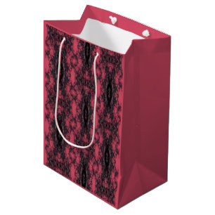 Sac Cadeau Moyen Motif de dentelle gothique damassé rose foncé et n
