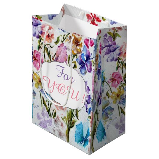 SAC CADEAU MOYEN MOTIF DE FLEURS BLANC (Devant Angle)