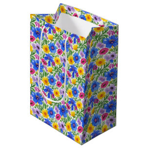 Sac Cadeau Moyen Motif de fleurs bleues jaunes rouges violettes viv