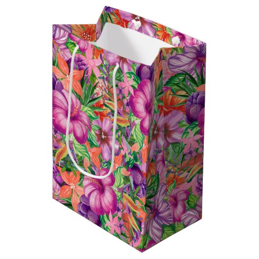 Sac Cadeau Moyen Motif de fleurs hawaïennes tropicales (Devant Angle)