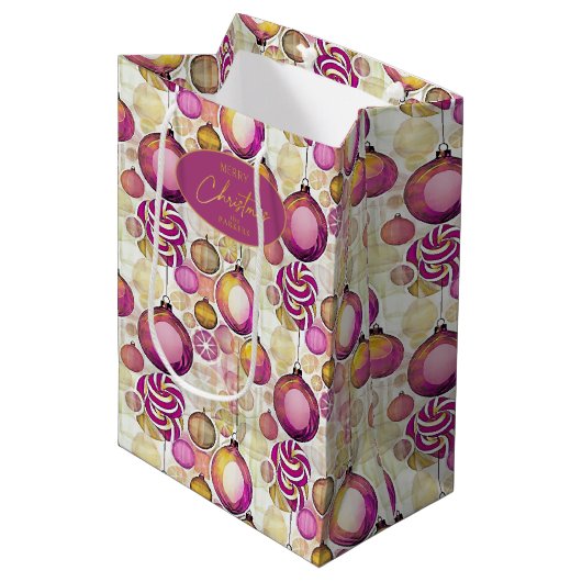 Sac Cadeau Moyen Motif de Noël Magenta Gold n° 6 ID1009 (Devant Angle)