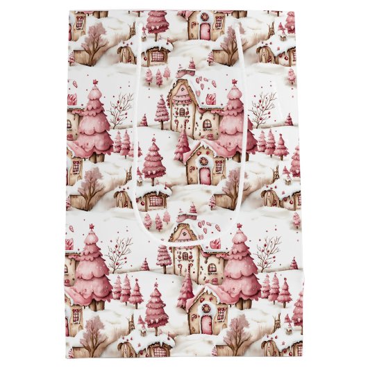 Sac Cadeau Moyen Motif de Noël mignon rose Whimsical Neige (Dos)