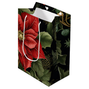 Sac Cadeau Moyen Motif de Noël Poinsettia Vintage