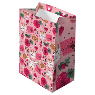 Sac Cadeau Moyen Motif de Noël rose