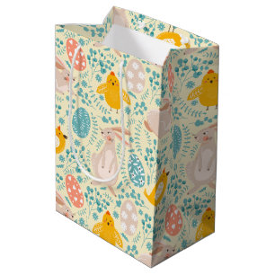 Sac Cadeau Moyen Motif de Pâques avec oeufs, lapin, poussin, fleurs