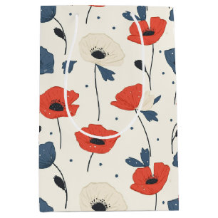 Sac Cadeau Moyen Motif de Poppies d'aquarelle - Rouge, Bleu et Blan