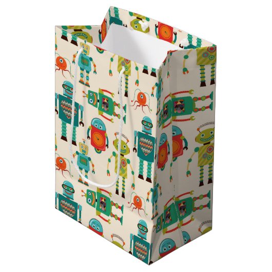 Sac Cadeau Moyen Motif de robots rétro colorés (Devant Angle)
