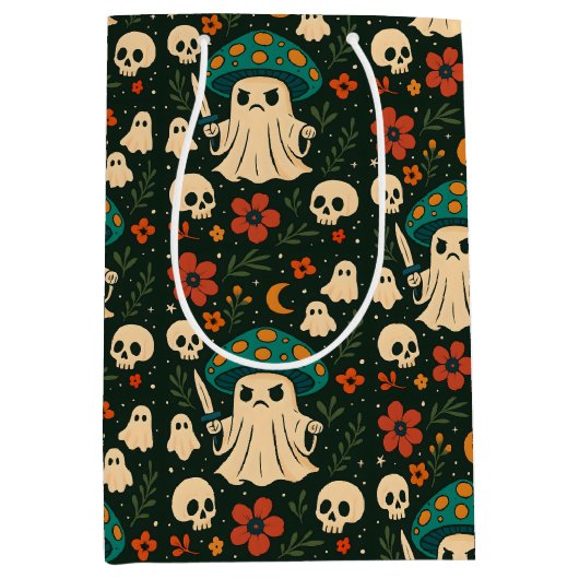Sac Cadeau Moyen Motif de Shroom-Skull et de Fleurs (Devant)