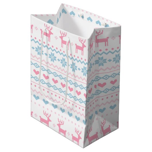 Sac Cadeau Moyen Motif de ski rose et bleu scandinave (Devant Angle)