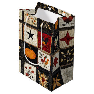 Sac Cadeau Moyen Motif de surface composée d'automne rustique Mot