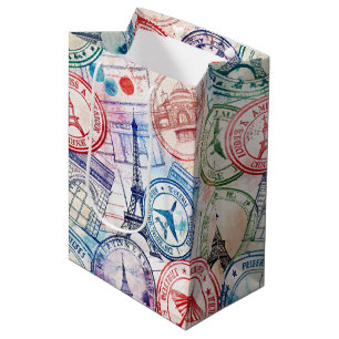 Sac Cadeau Moyen Motif de tampon de voyage du monde vintage (2)