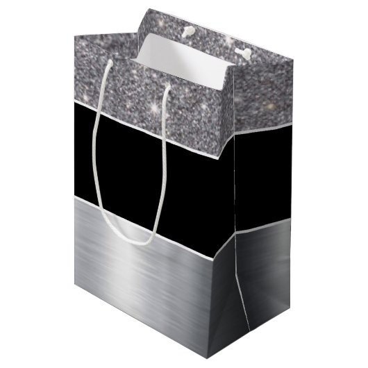Sac Cadeau Moyen Motif d'impression en argent noir Parties scintill (Devant Angle)