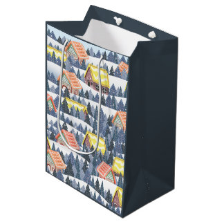 Sac Cadeau Moyen Motif du village de Noël enneigé