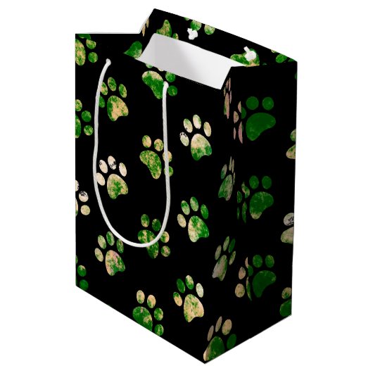 Sac Cadeau Moyen Motif Empreinte de patte texturé noir vert (Dos Angle)