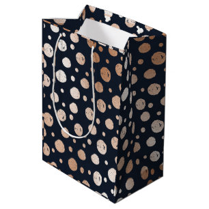 Sac cadeau moyen motif en or rose et points noirs