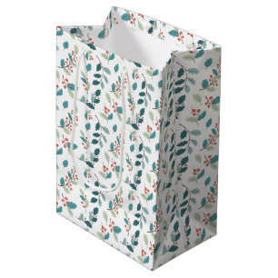 Sac Cadeau Moyen Motif festif de houx de Noël aux baies rouges