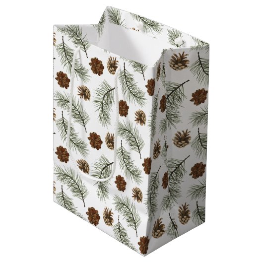 Sac Cadeau Moyen Motif Feuille Rustique Pinecone Pine Tree (Devant Angle)