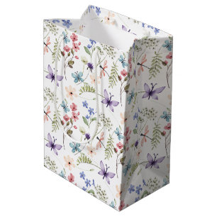 Sac Cadeau Moyen Motif Fleur sauvage d'aquarelle féminine blanche