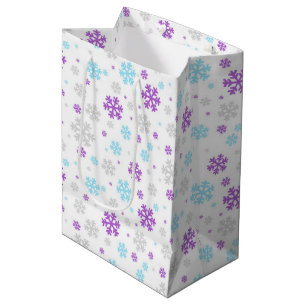 Sac Cadeau Moyen Motif Flocon de Neige Hiver Gris Bleu Violet