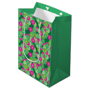 Sac Cadeau Moyen Motif floral Art déco - nuances de vert, fuchsia