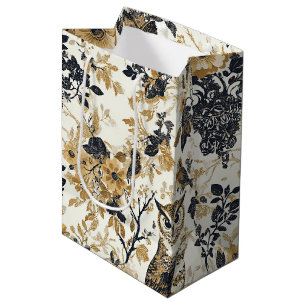 Sac Cadeau Moyen Motif floral champêtre beige chouette rustique